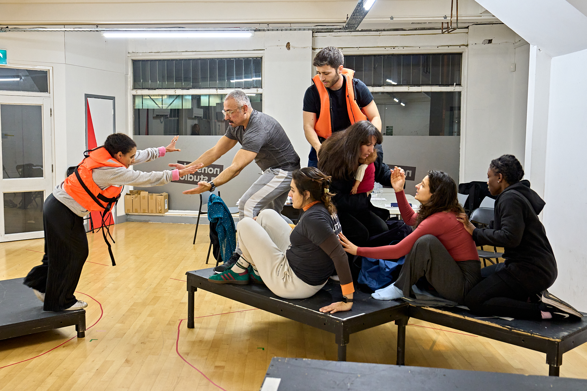 The cast in rehearsal for TBOA © Nottingham Playhouse 