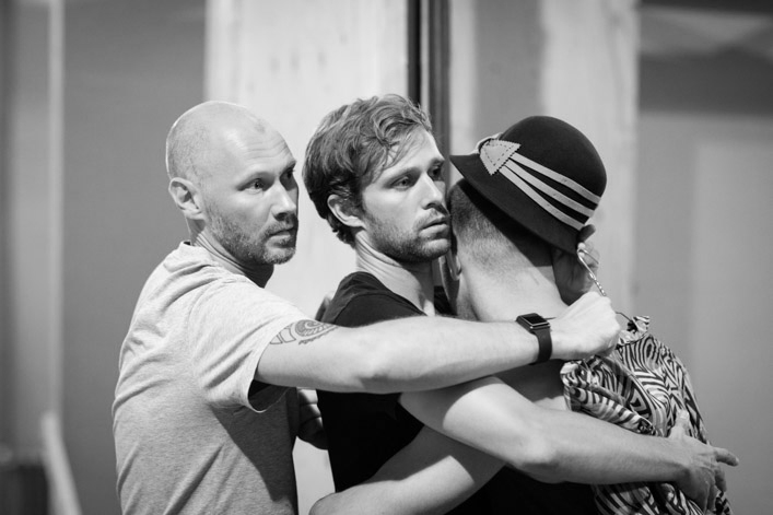 Director Neil Bettles, Jared Garfield & Joe Layton. The Unreturning in rehearsal. Photograph by Helen Maybanks.