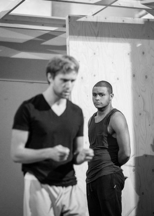 Jared Garfield and Kieton Saunders-Browne. The Unreturning in rehearsal. Photograph by Helen Maybanks.