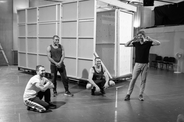 Jonnie Riordan, Kieton Saunders-Browne, Joe Layton, Jared Garfield. The Unreturning in rehearsal. Photograph by Helen Maybanks.