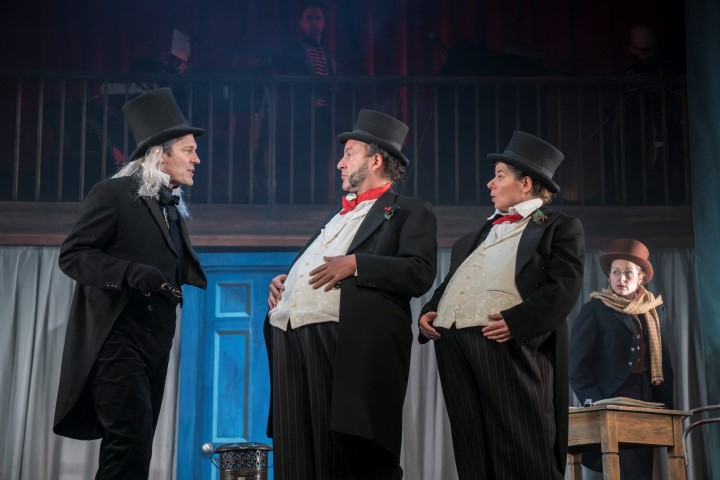 Toby Park, Aitor Basauri, Petra Massey & Sophie Russell in Spymonkey's A Christmas Carol. Photograph by Johan Persson.
