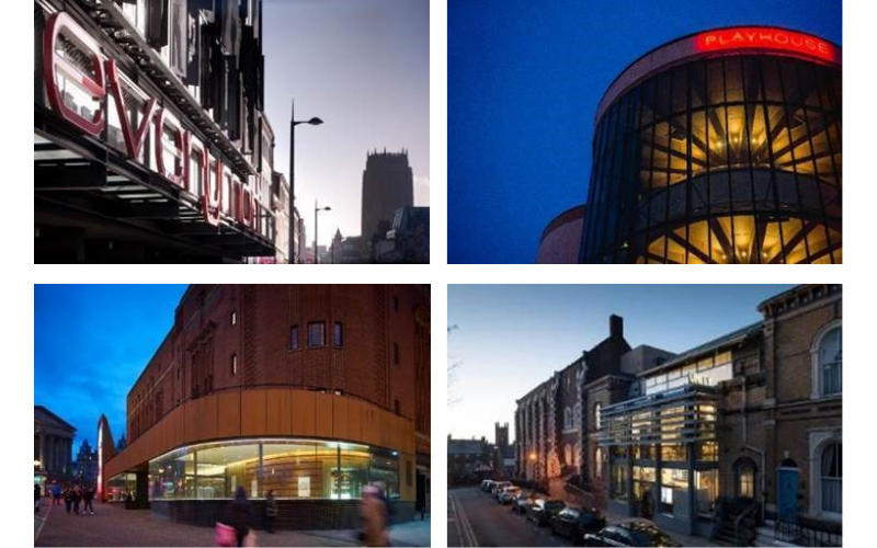 4 pictures of the Liverpool theatres, Everyman theatre, Playhouse theatre, Royal Court theatre & Unity theatre