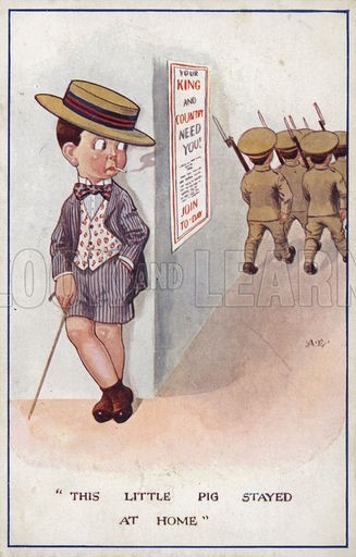 A smartly dressed conscientious objector being left behind by soldiers in a WW1 cartoon propaganda postcard with the damning legend: This little pig stayed at home