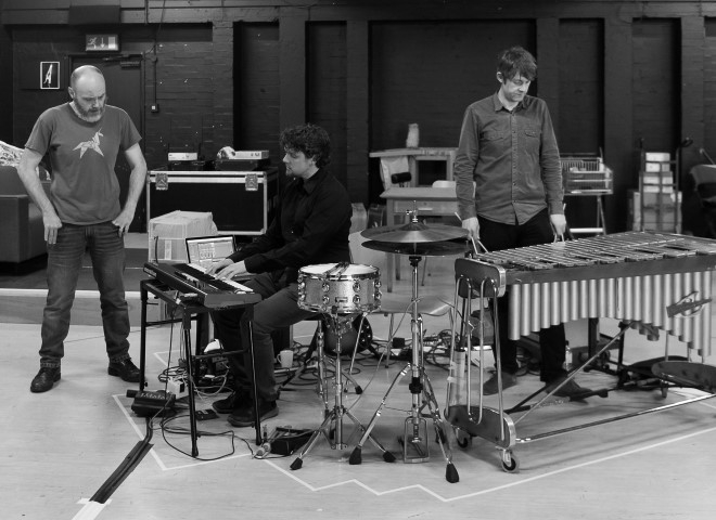 Liam Tobin, Musical Director Vidar Norheim & Musician Martin Heslop. The Sum in rehearsal. Photograph by Brian Roberts.