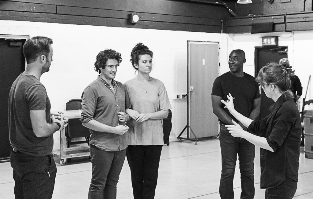 Jay Taylor, Edward Harrison, Bessie Carter, Patrick Robinson & Director Loveday Ingram. Baskerville in rehearsal. Photograph by Brian Roberts.