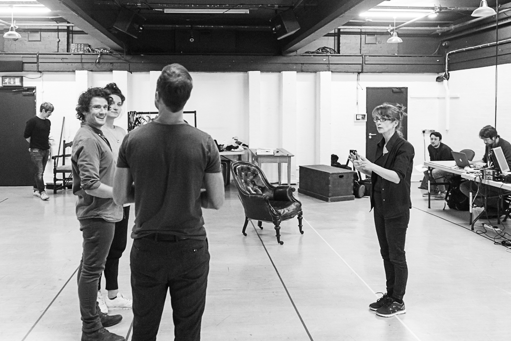 Jay Taylor, Edward Harrison, Bessie Carter, Ryan Pope & Director Loveday Ingram. Baskerville in rehearsal. Photograph by Brian Roberts.