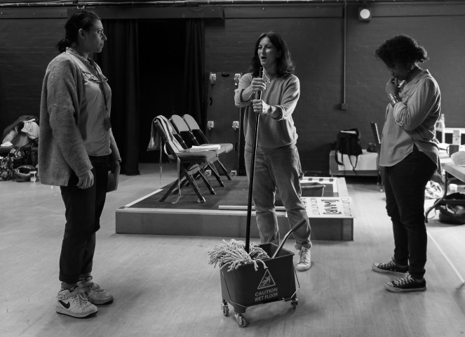 Asha Kingsley, Choreographer Charlotte Broom & Melanie La Barrie. The Sum in rehearsal. Photograph by Brian Roberts.