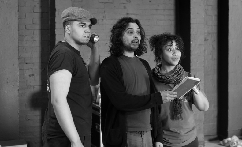 Elliott kingsley, Tom Kanji & Melanie La Barrie. The Story Giant in rehearsal. Photograph by Brian Roberts.