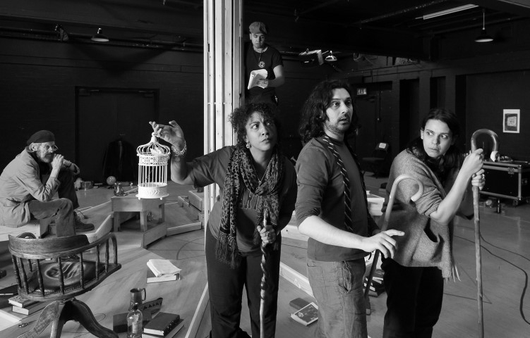 Richard Bremmer, Elliott Kingsley, Melanie La Barrie, Tom Kanji & Asha Kingsley. The Story Giant in rehearsal. Photograph by Brian Roberts.