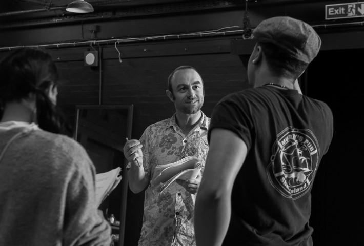 Director Matt Rutter, Asha Kingsley & Elliott Kingsley. The Story Giant in rehearsal. Photograph by Brian Roberts.