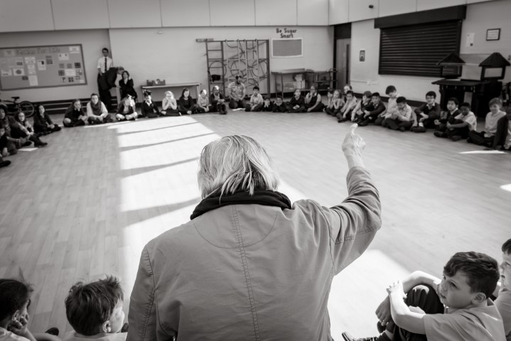 Richard Bremmer. The Story Giant workshop in St Vincent de Paul Catholic Primary School. Photograph by Wesley Storey.